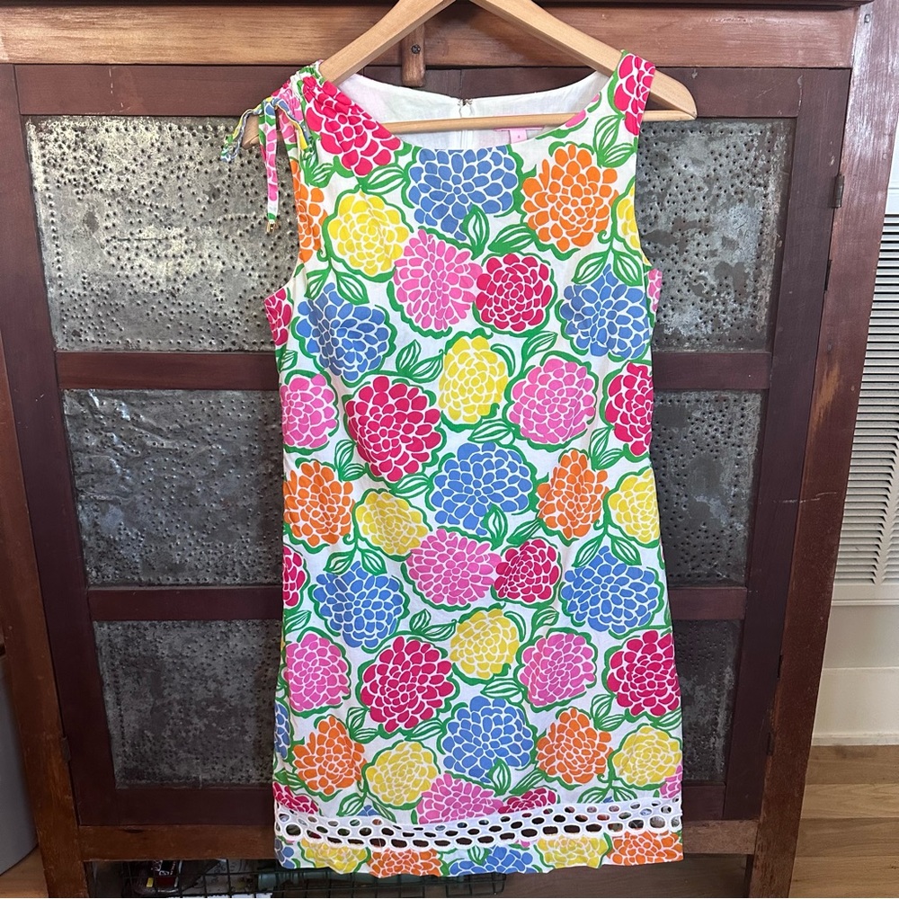 Lilly Pulitzer Sleeveless Shift Sun Dress Hydrangea Floral Tie Shoulder Size 4
